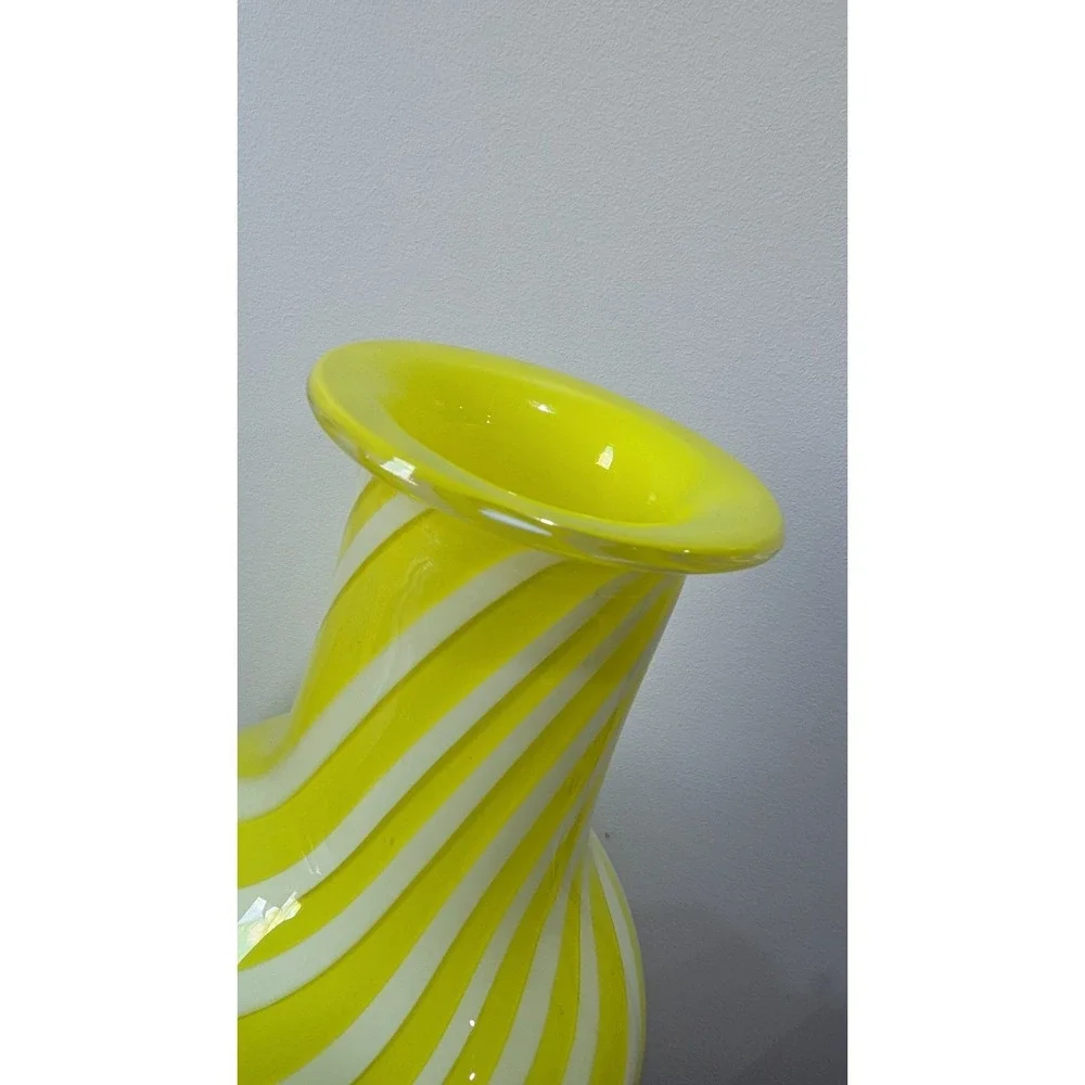 Vintage Yellow White Swirl Art Glass Vase Hand Blown Murano Style 12 Inch Urn